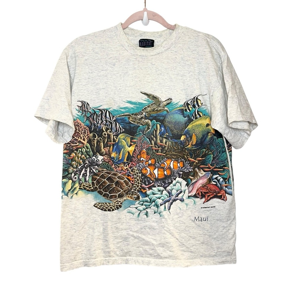 Vintage Habitat XCVII AOP Aquarium Fish Ocean Turtle Crab Coral Retro 90s M